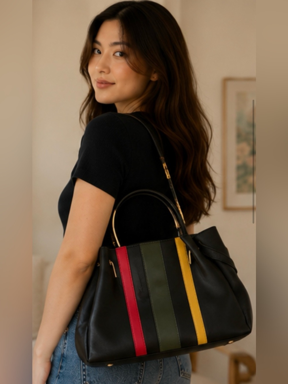 Black Tote Bag with Red, Olive and Yellow Stripes